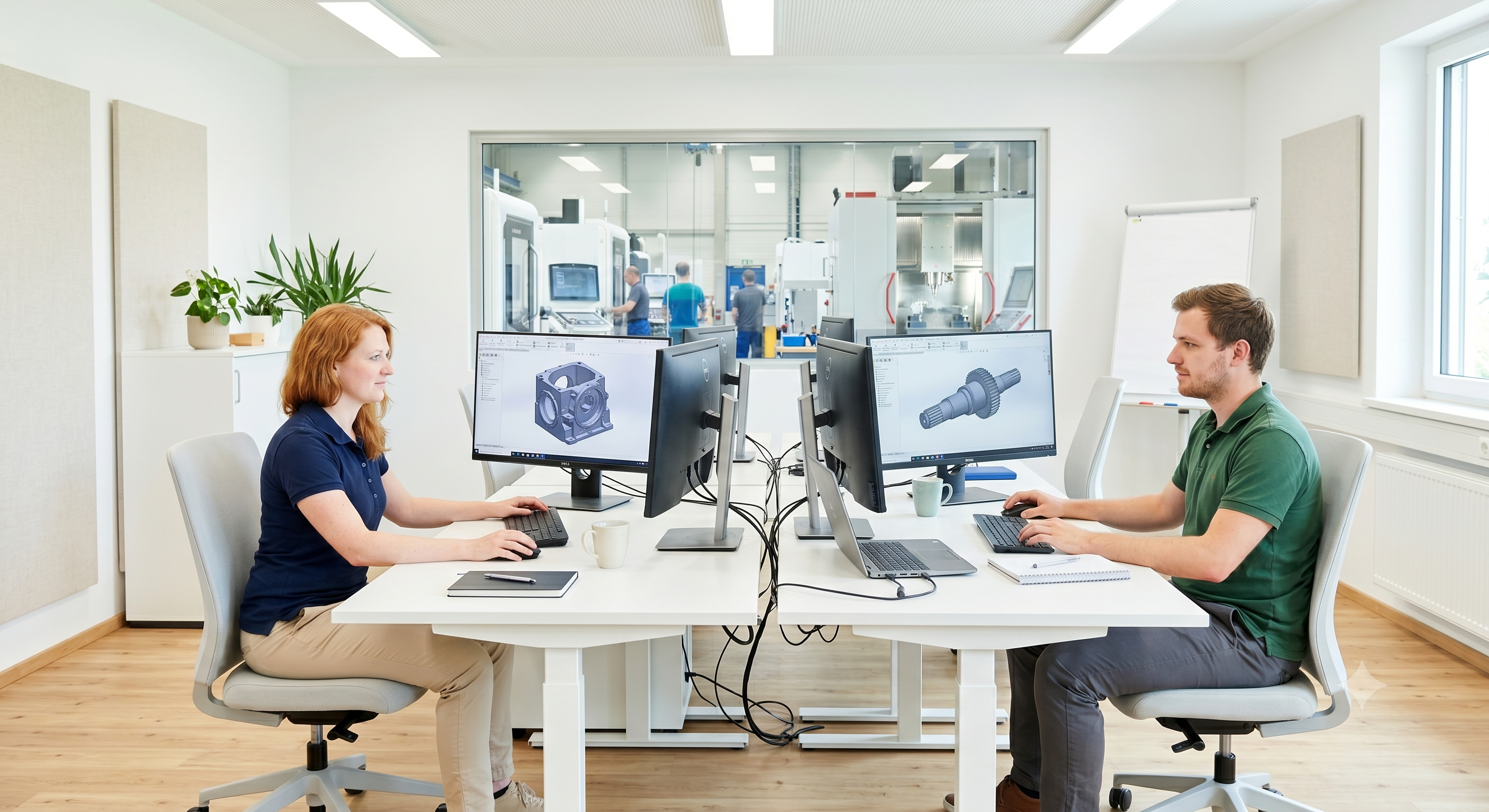  Blick in ein modernes, gut ausgeleuchtetes Büro. die möbel, wände und fussboden sind in hellen tönen gehalten. durch eine glasscheibe hat man einen blick in eine halle mit cnc-maschinen. an  schreibtischen sitzen jeweils ein mann und eine frau, beide in legerer kleidung: poloshirt, lange stoffhose. sie arbeiten an computer-arbeitsplätzen, auf denen jeweils ein schattiertes 3d-modell eines maschinenbauteiles zu sehen sind. stil des bildes ist high key, man sieht die gesichter der personen halb von vorne, die frau hat schulterlange rote haare 