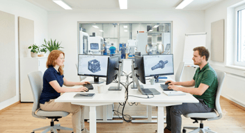 Blick in ein modernes, gut ausgeleuchtetes Büro. die möbel, wände und fussboden sind in hellen tönen gehalten. durch eine glasscheibe hat man einen blick in eine halle mit cnc-maschinen. an  schreibtischen sitzen jeweils ein mann und eine frau, beide in legerer kleidung: poloshirt, lange stoffhose. sie arbeiten an computer-arbeitsplätzen, auf denen jeweils ein schattiertes 3d-modell eines maschinenbauteiles zu sehen sind. stil des bildes ist high key, man sieht die gesichter der personen halb von vorne, die frau hat schulterlange rote haare